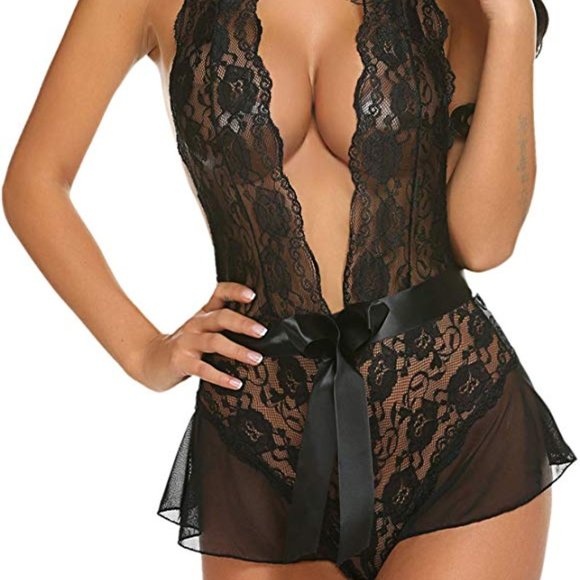 Lace Halter Teddy Bodysuit Deep V Babydoll - Picture 5 of 8